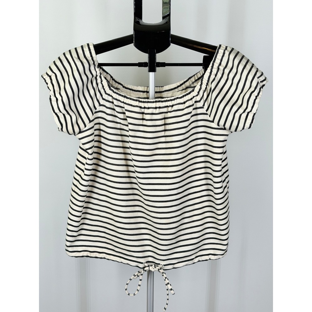 Madewell Striped Off The Shoulder Drawstring Hem Top Black White Large
